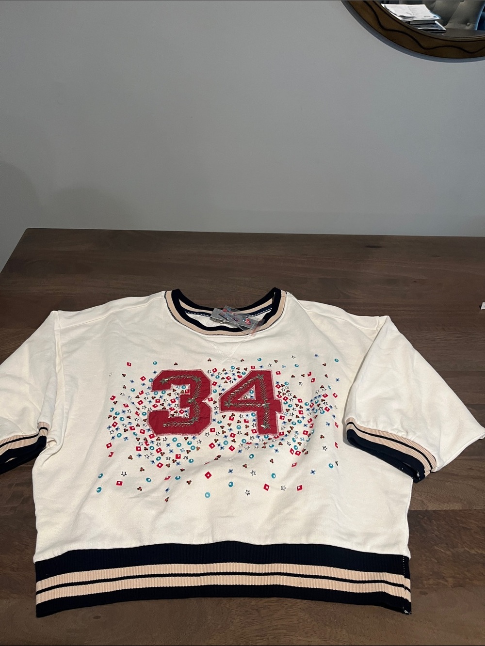 Anthropologie Cream Short-Sleeve Sweatshirt with Red '34' Graphic Sz S/P NWT - Picture 2 of 6